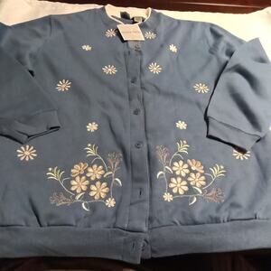 Baxter and Well Cotton Button-Up Cardigan Blue Size 1XL Embroidered Flowers NWT